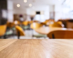 Aluminium Prints Restaurant Table top counter and Seats Blurred People Restaurant Shop Cafe