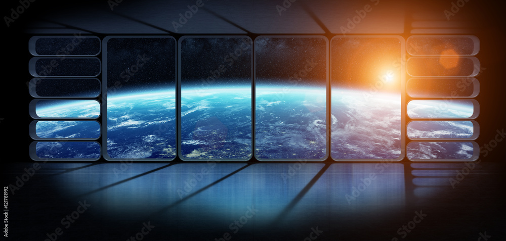 Wall mural view of the planet earth from a huge spaceship window 3d renderi