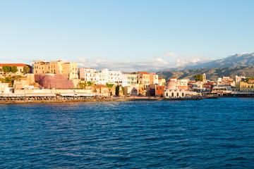 famouse venetian harbor waterfront of Chania at sunny day, Crete, Greece