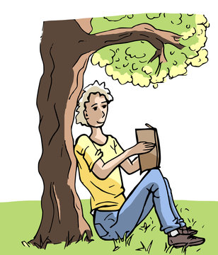 Jongen leest een boek onder een boom