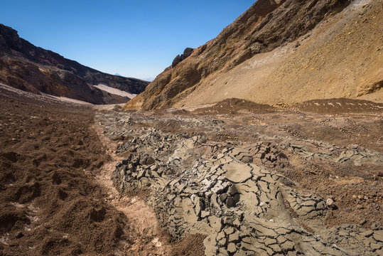 Cracks in sandy hills on Mutnovsky Volcano, Kamchatka, Russia