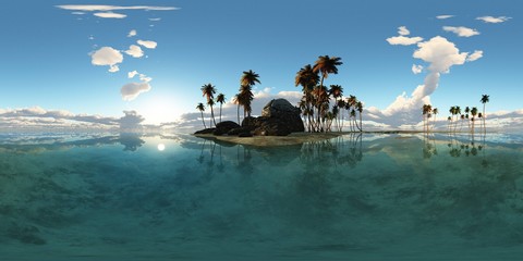 panoramia of tropical island with palms in ocean. made with one
