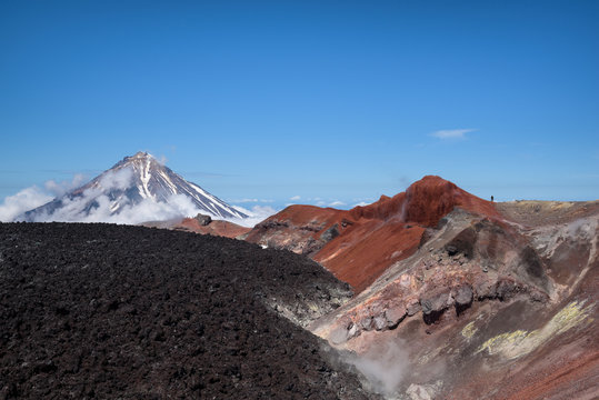 Avachinsky Volcano crater with the top of Koryaksky Volcano in the background, Kamchatka, Russia