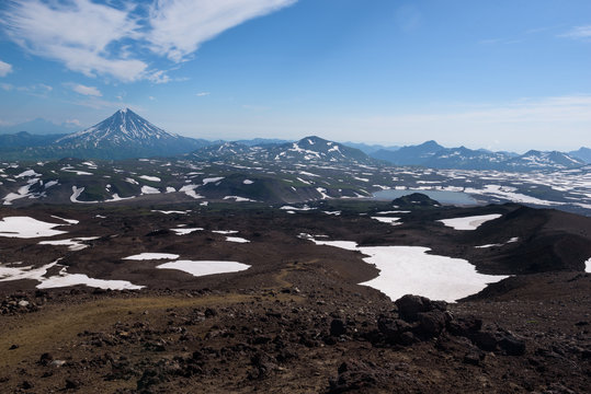 Top of Vilyuchinskaya volcano and mountain lake from Gorely Volcano, Kamchatka, Russia