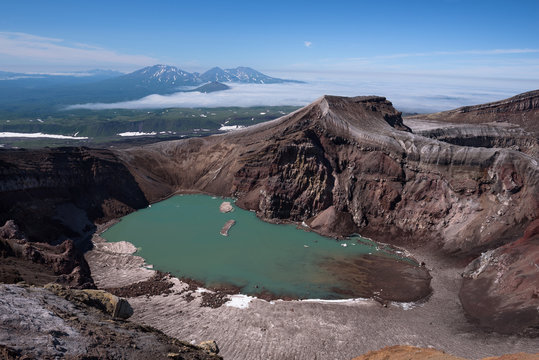 The beautiful crater lake in Gorely Volcano’s crater, Kamchatka, Russia