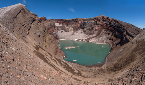 The beautiful crater lake in Gorely Volcano’s crater, Kamchatka, Russia