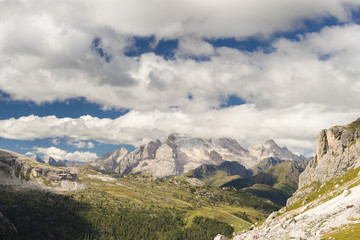 Scenic view of rock formation Marmolada. The highest peak of Italian Dolomites National Park. UNESCO World Heritage Site.