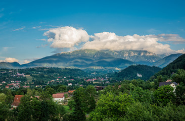 Aerial view of village of Bran commune area in Romania