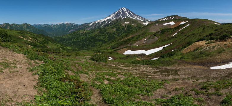 Panoramic view on the valley at the foot of Mutnovsky Volcano, Kamchatka, Russia
