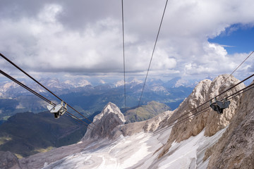 Obraz premium Cable car on Marmolada. The highiest peak in Italian Dolomites.