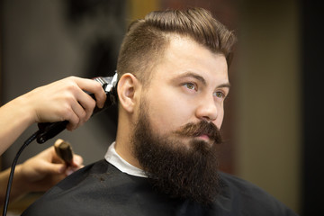 Side view portrait of handsome young bearded caucasian man getting trendy haircut in modern barbershop. Attractive barber girl working, serving client, doing haircut using shaver. Indoors closeup shot