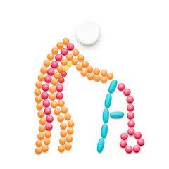 Old man with walker / Creative medicine and healthcare concept made of drugs, old man with wheeling walker, isolated on white.