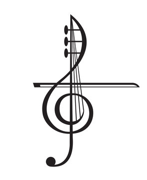 monochrome illustration of violin and treble clef
