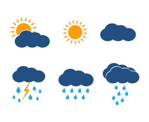Vector weather icons set. Sun, clouds, rain, lightning.