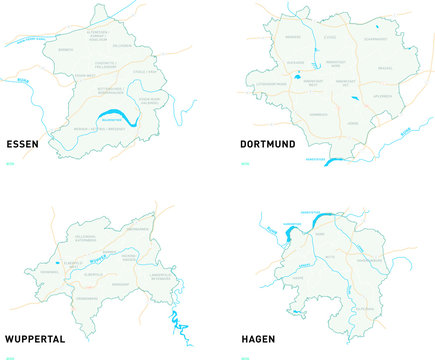 Karten der Städte Dortmund, Essen, Wuppertal und Hagen.