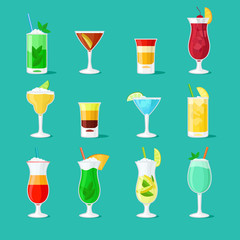 Cocktail vector flat icons. Party drinks glass vector set for bar or pub menu