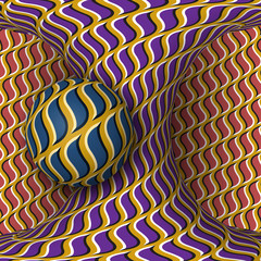 Optical motion illusion illustration. A sphere are rotation around of a moving hyperboloid. Abstract fantasy in a surreal style.