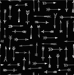 Doodle seamless black pattern with different white arrows. Line art repeated background.