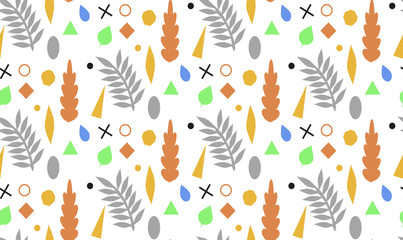 Fototapeta na wymiar Autumn seamless pattern with leaves and geometric shapes. Vector background in orange and white colors. Can be used for wallpaper, pattern fills, surface textures, fabric prints.