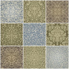 Set of 9 Seamless background of  blue, green, brown color in the style of Damascus
