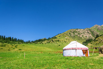 Fototapeta na wymiar White Yurt in the mountains of Kyrgyzstan.
