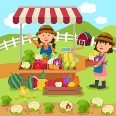 illustration cartoon woman sells fresh vegetables and fruits hom
