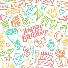 Birthday party lettering and doodle seamless pattern