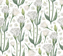 Handmade watercolor seamless pattern with white eustoma