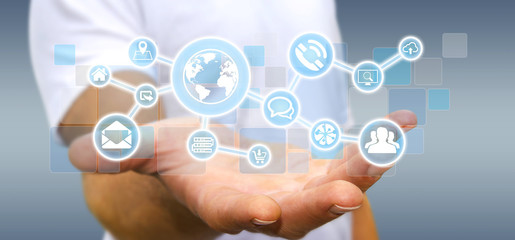 Businessman holding digital tactile screen web network with web