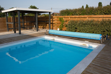 beautiful house, swimming pool view summer day