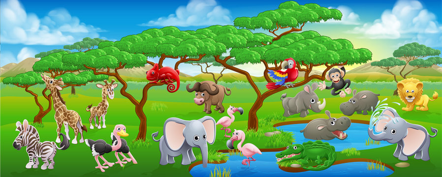 Cute Cartoon Safari Animal Scene Landscape Stock Vector | Adobe Stock