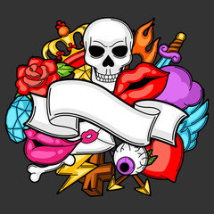 Background with retro tattoo symbols. Cartoon old school illustration