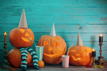 halloween pumpkin on blue wooden background