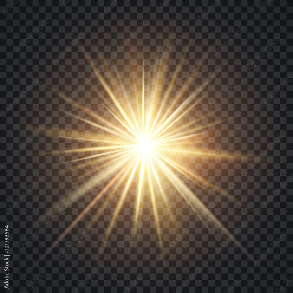 Wall mural vector realistic starburst lighting effect, yellow sun with rays and glow on transparent background
