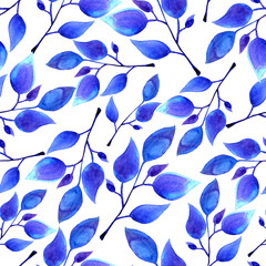 hand painted watercolor blue leaves seamless floral pattern