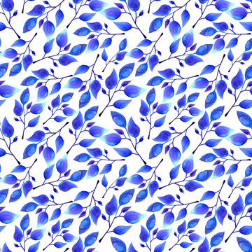 hand painted watercolor blue leaves seamless floral pattern