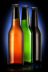 Set of beer bottles with clipping path isolated on black gradient background