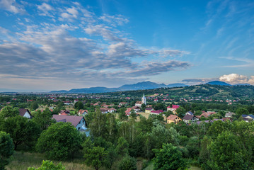 Aerial view of village of Bran commune area in Romania