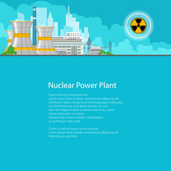 Nuclear Power Plant on the Background of the City , Thermal Power Station, Electric Power Transmission from a Nuclear Power Plant, Poster Brochure Flyer Design, Text on Blue Background,Vector