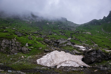 Fototapeta na wymiar View near Balea Lake area next to Transfagarasan Road in southern section of Carpathian Mountains in Romania