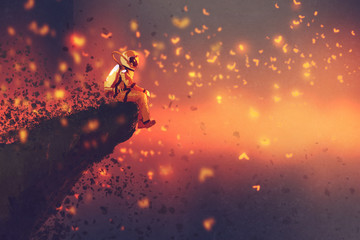 astronaut sitting on cliff's edge and looking to fireflies,illustration painting © grandfailure