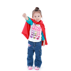 Superhero little asian girl in a red raincoat on white backgroun