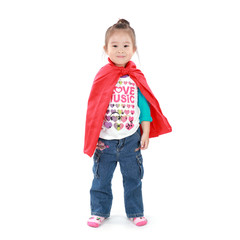 Superhero little asian girl in a red raincoat on white backgroun