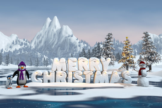 Penguins with the words 'Merry Christmas' sculpted in snow