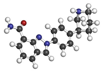 Niraparib cancer drug molecule (PARP inhibitor). 3D rendering. 