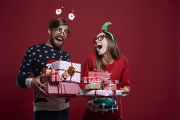 Funny Christmas nerds with presents