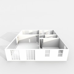 3d interior rendering perspective view of empty paper model home apartment 