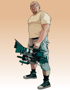 Cartoon Male Videographer With Video Camera In Hand