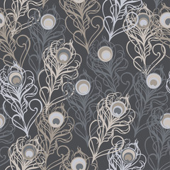 Seamless vector background with decorative peacock feathers. Cloth design, wallpaper.