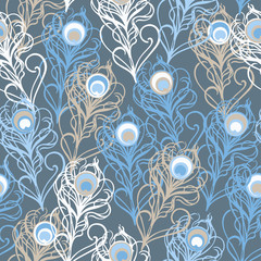 Seamless vector background with decorative peacock feathers. Cloth design, wallpaper.